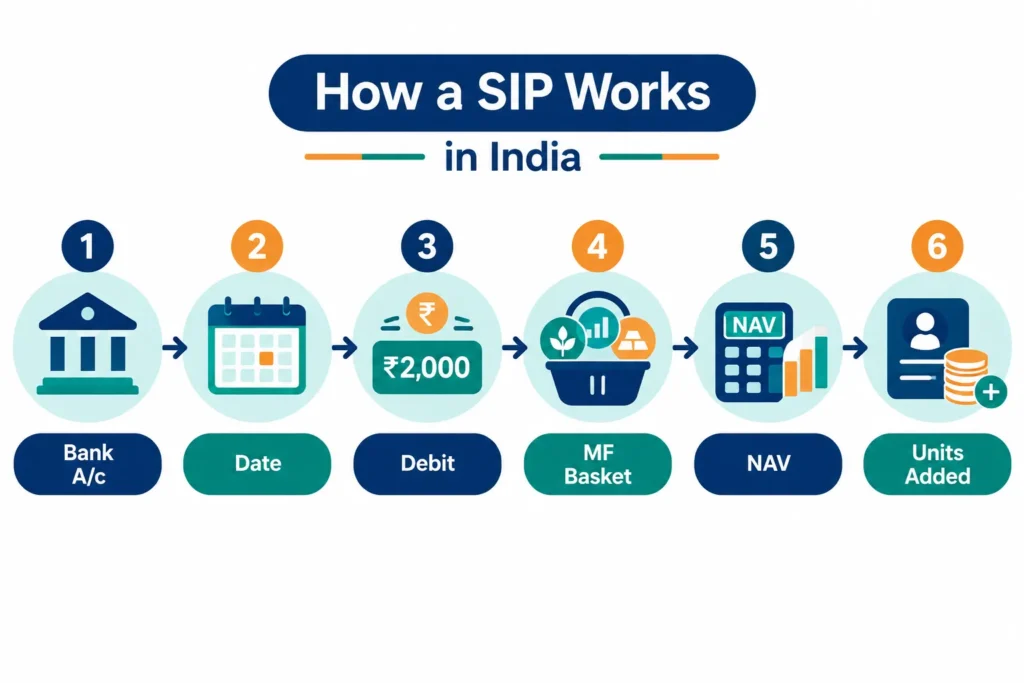 Flowchart showing a scheduled bank debit being invested in a mutual fund and converted into units at the applicable NAV.