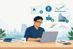 Illustration of an Indian investor learning how the stock market works in India