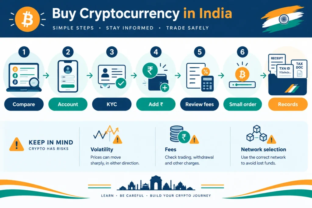 Six-step illustration for buying cryptocurrency in India, from comparing platforms and completing KYC to reviewing fees and keeping records.