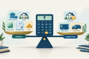 Calculator illustrating net worth as Indian assets minus outstanding liabilities