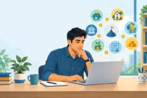 Beginner reviewing a balanced investment plan with savings and diversified asset symbols in India.