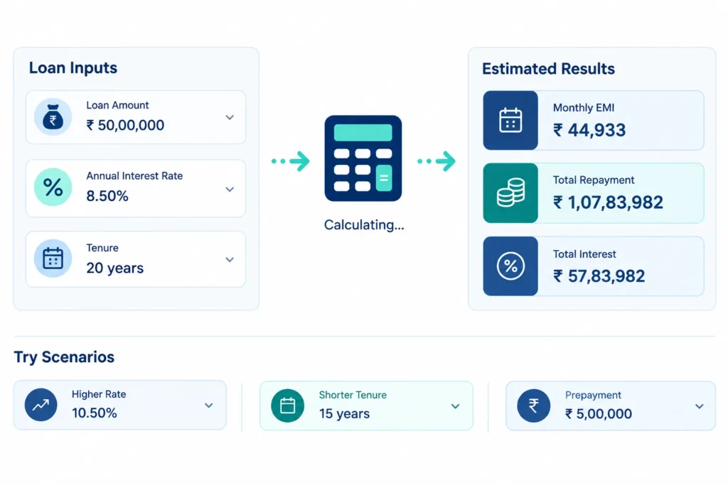 Flow diagram showing loan amount, interest rate and tenure producing estimated EMI, total repayment and total interest.