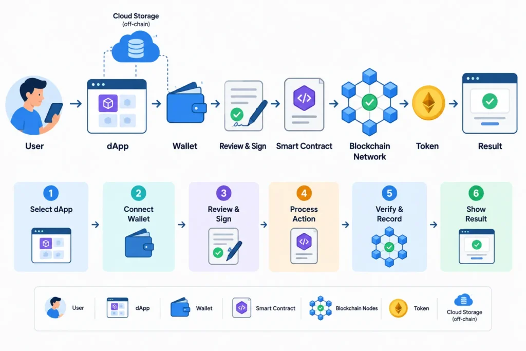 Flowchart of a user interacting with a dApp through a wallet, smart contract and blockchain.