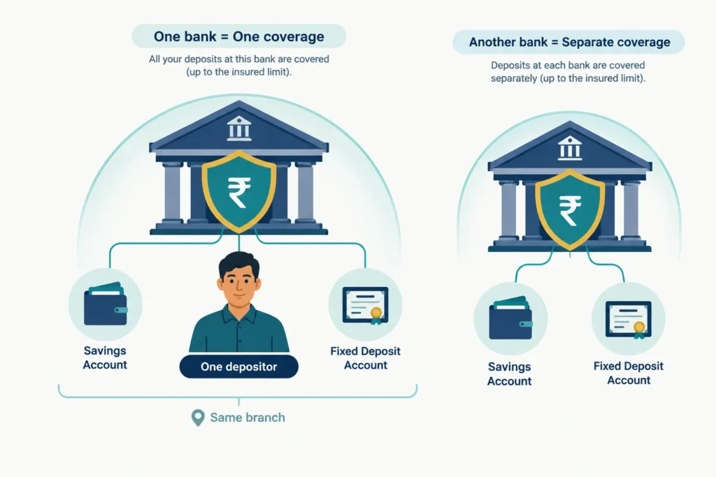 Diagram illustrating that eligible deposits at the same bank are grouped for deposit insurance coverage