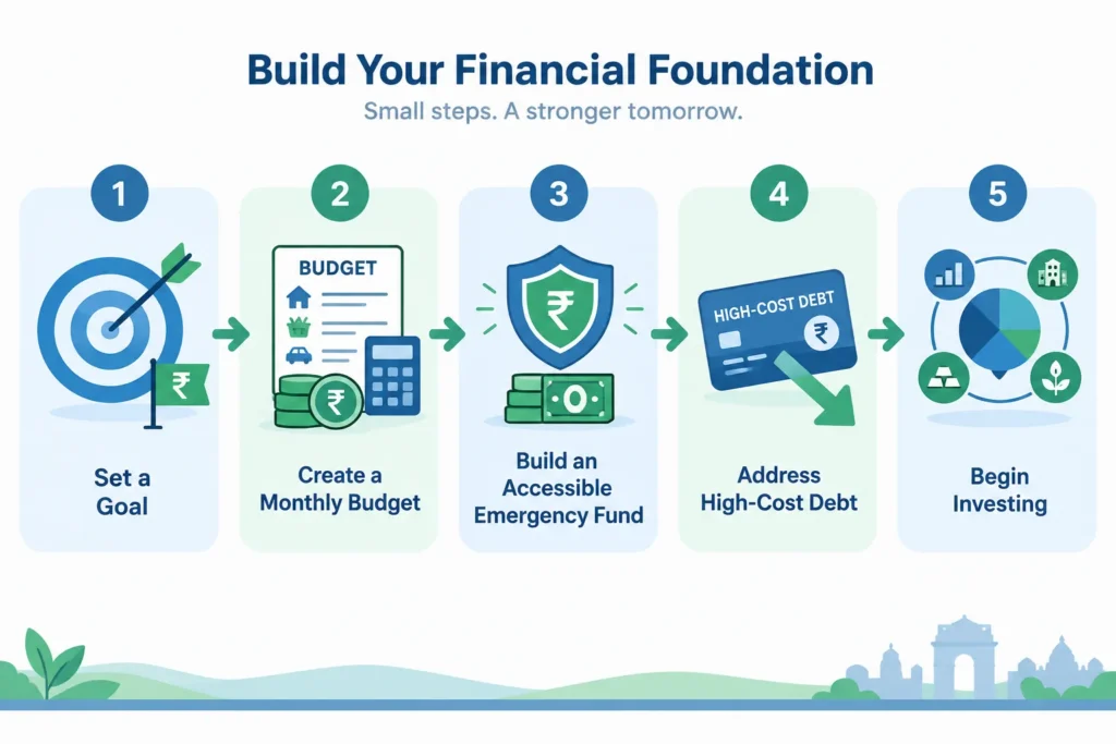 Flowchart showing goals, budgeting, emergency savings and debt management before investing.