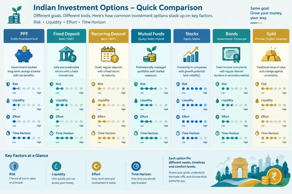 Visual comparison of PPF, deposits, mutual funds, stocks, bonds and gold by risk, liquidity, effort and horizon.