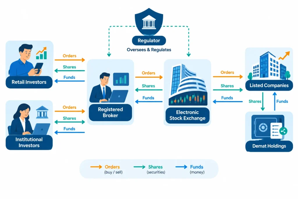 Flowchart showing how investors, brokers, stock exchanges, listed companies and regulators connect in the Indian stock market.