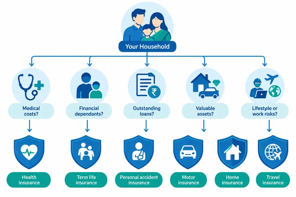 Flowchart matching health, dependants, loans, assets and lifestyle risks with suitable types of insurance