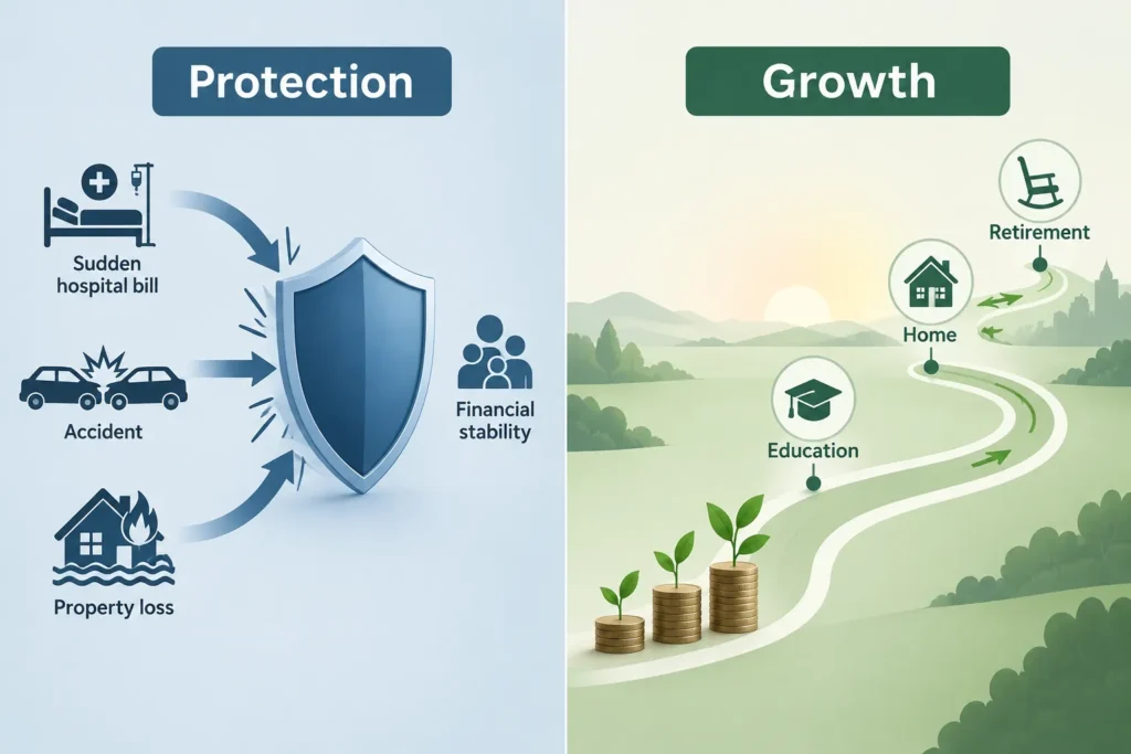 Visual comparison showing insurance for financial protection and investing for long-term wealth goals