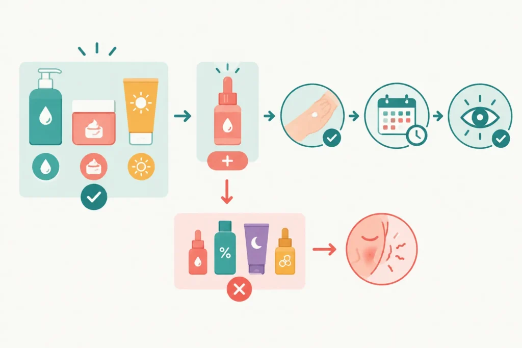 Decision flowchart showing how to patch-test and introduce one optional skincare product at a time.