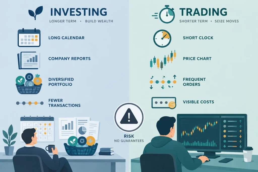 Visual comparison of long-term investing and short-term trading by time horizon, research style, activity, costs and risk.