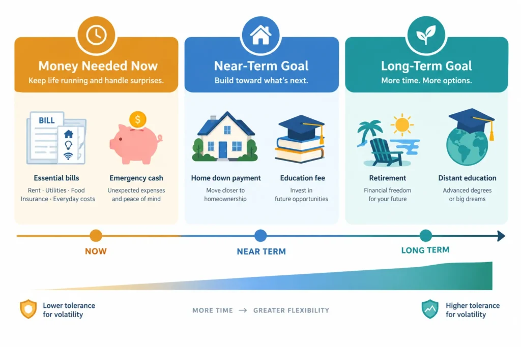 Timeline comparing essential, near-term and long-term money needs with their capacity for investment volatility.