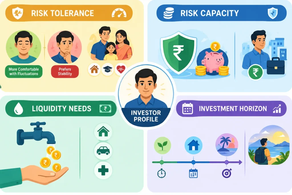 Diagram of risk tolerance, risk capacity, liquidity and investment horizon around an investor profile.
