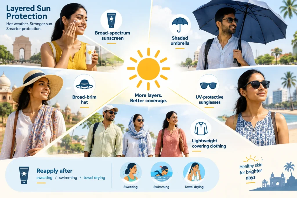 Layered sun protection using sunscreen, shade, protective clothing, a hat and UV-protective sunglasses.