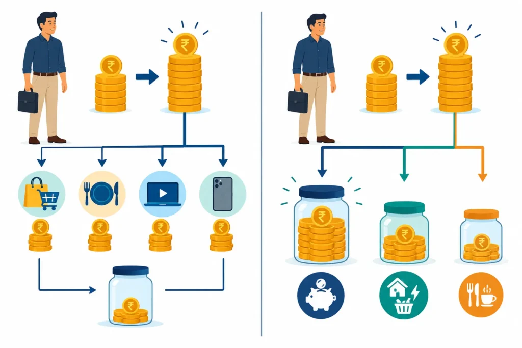 Comparison showing a salary increase being fully spent versus divided among savings, needs and a modest lifestyle upgrade.