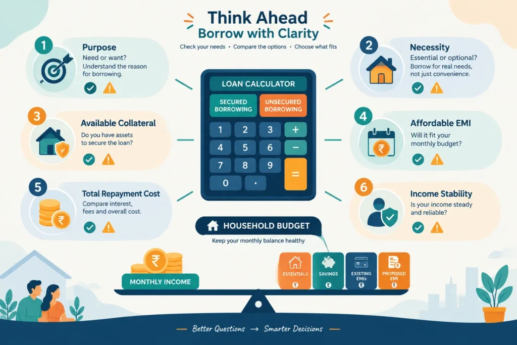 Loan decision framework covering purpose, collateral, affordable EMI, total cost and repayment capacity.