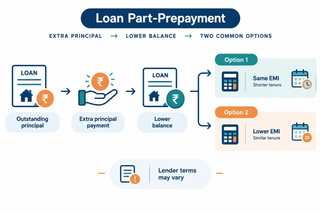 Flowchart showing how a loan prepayment can reduce tenure or lower the EMI