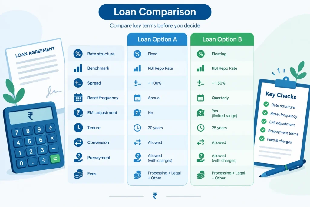 Checklist for comparing fixed and floating loan terms, fees and reset rules