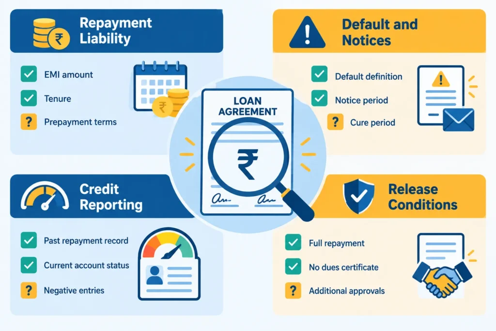 Checklist of repayment, default, credit reporting and release questions to review before signing loan documents