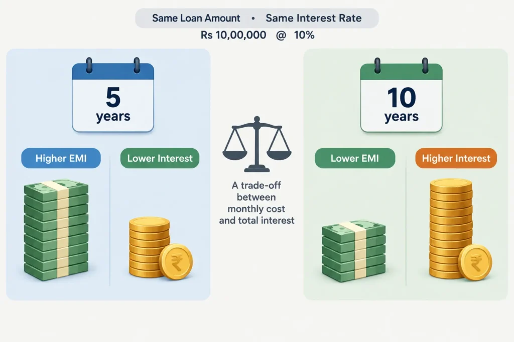 Comparison showing that extending a loan from five to ten years can lower the monthly EMI while increasing total interest.