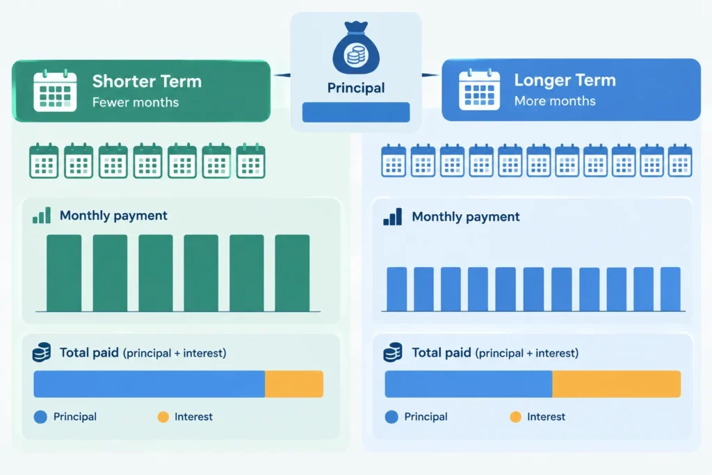 Comparison showing that a shorter loan tenure generally has higher monthly payments but lower total interest than a longer tenure.