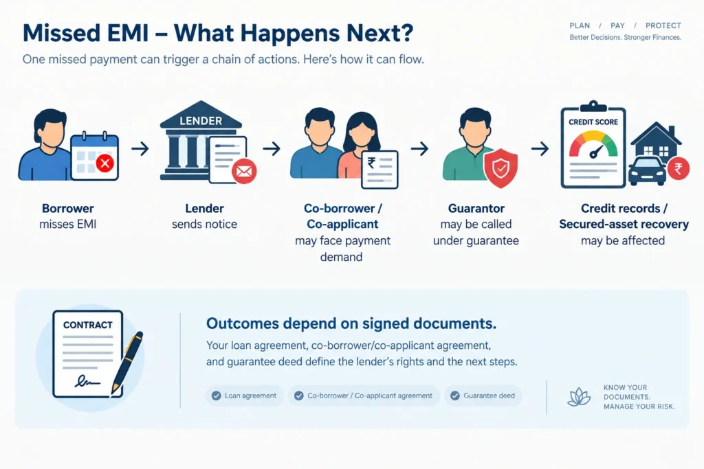 Flowchart showing how a missed EMI can affect the borrower, co-applicant, guarantor, credit records and secured asset