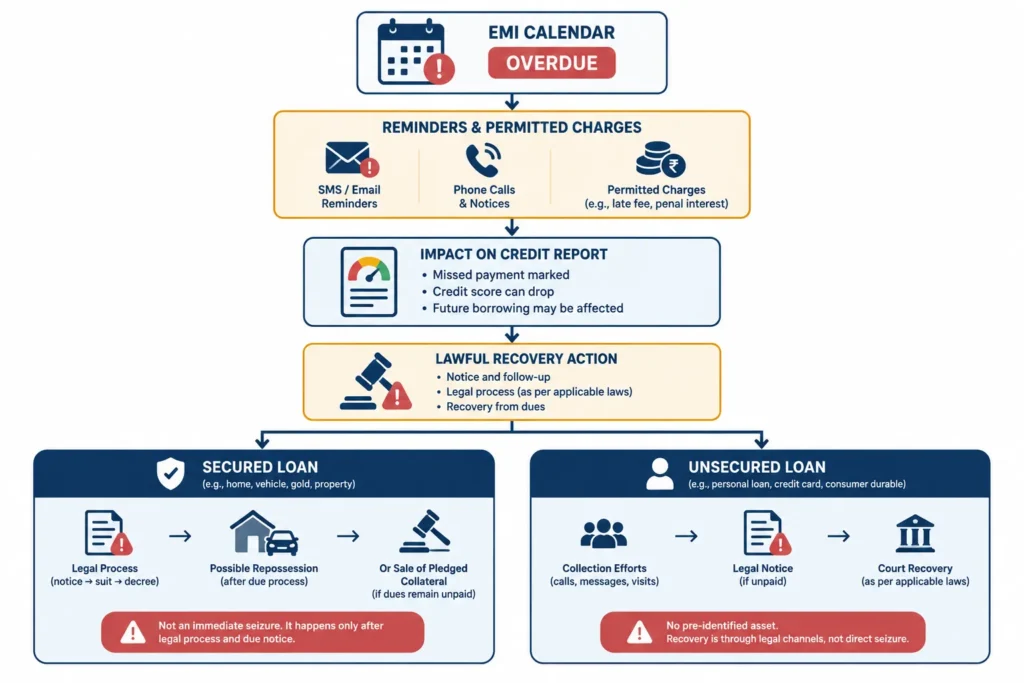 Flowchart showing how missed EMIs can affect credit and lead to recovery action for secured and unsecured loans.