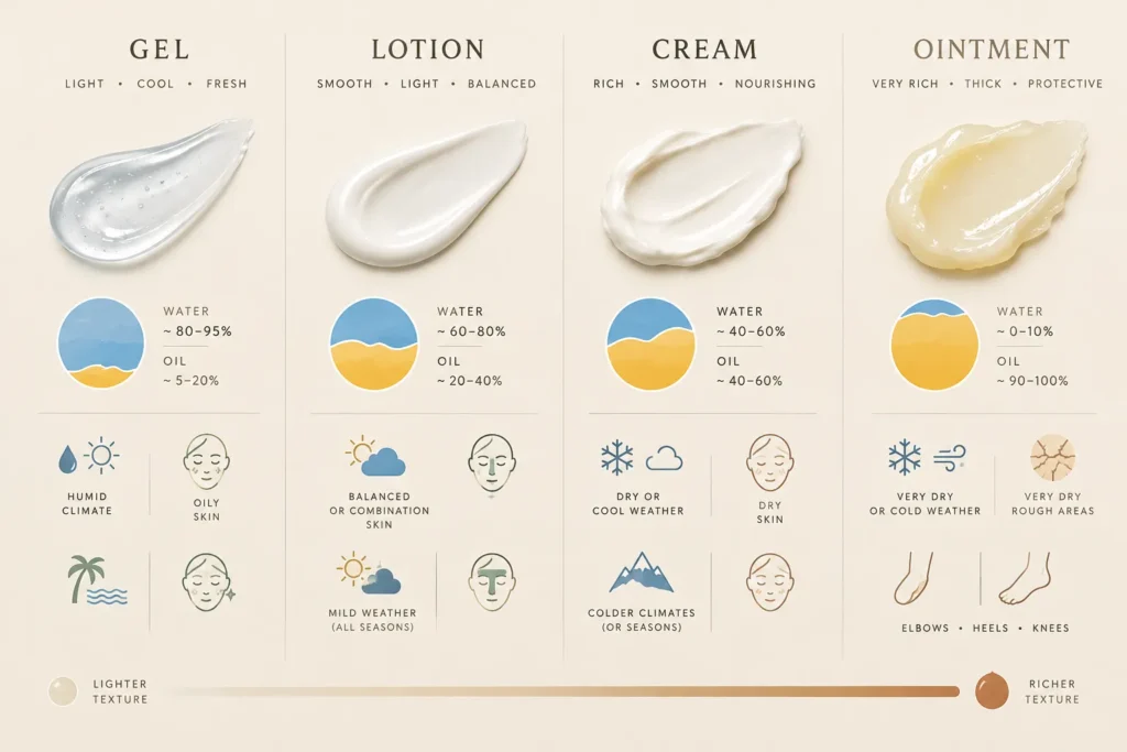 Comparison of gel, lotion, cream and ointment textures from lightest to richest