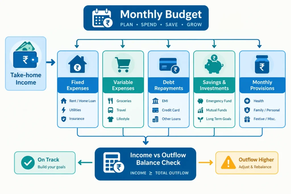 Flowchart showing take-home income allocated across expenses, debt, savings and irregular-cost provisions.