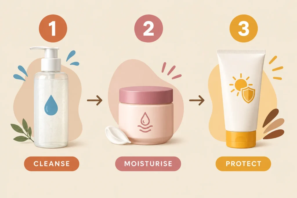 Three-step morning routine showing gentle cleansing, moisturising and broad-spectrum sunscreen.