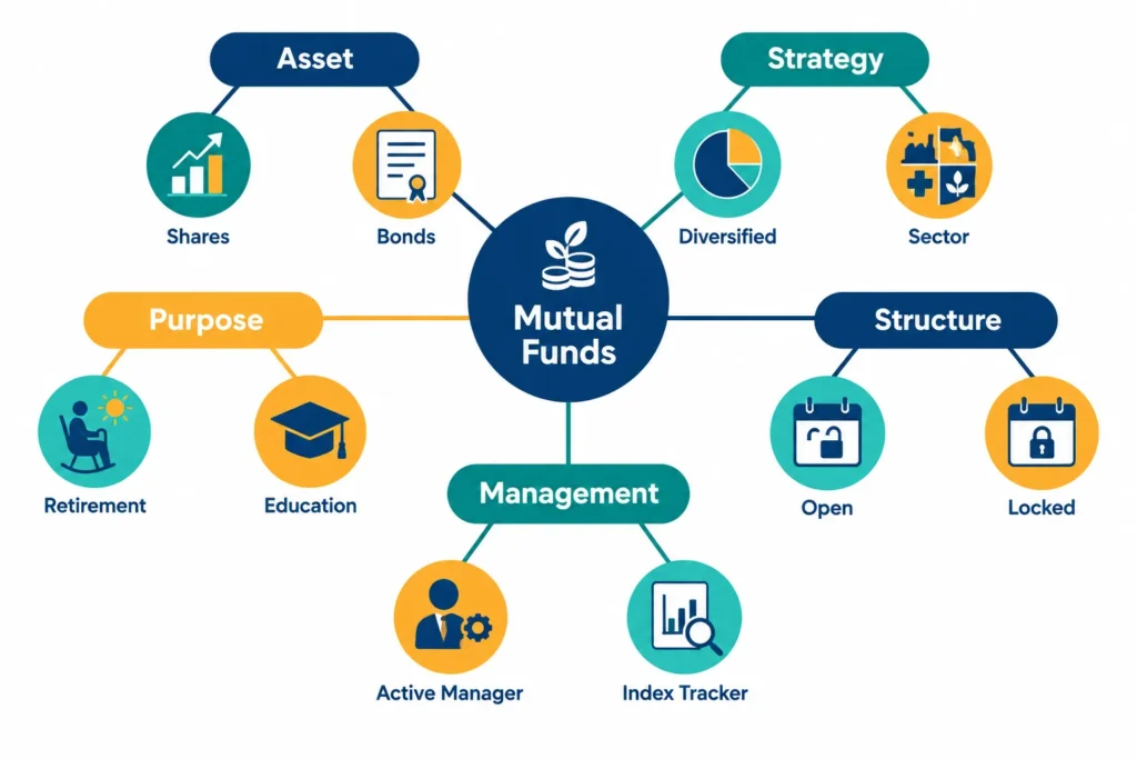Flowchart showing how Indian mutual funds can be classified by asset, strategy, structure, management style and purpose.