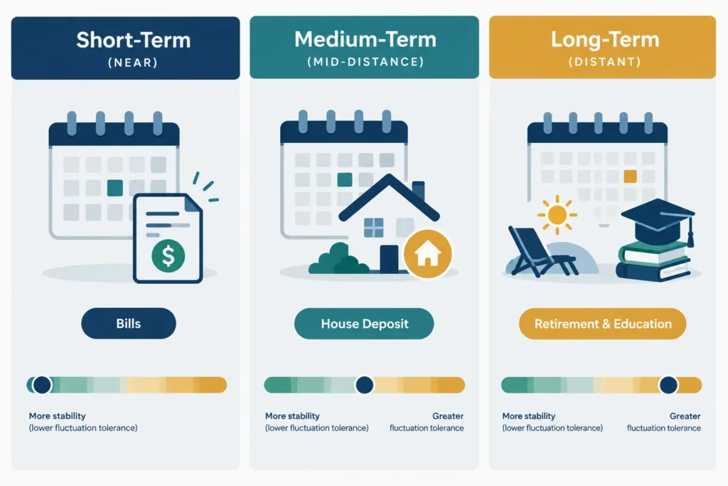Comparison of short-, medium- and long-term goals with their different needs for stability and risk tolerance.