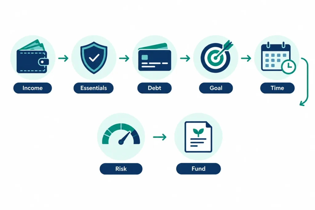 Flowchart showing the financial readiness checks to complete before considering a mutual fund investment.