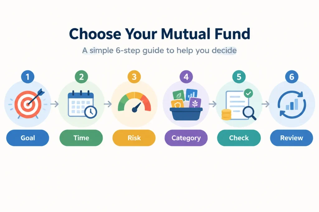 Flowchart for selecting a mutual fund based on goal, time horizon, risk, category, costs and review