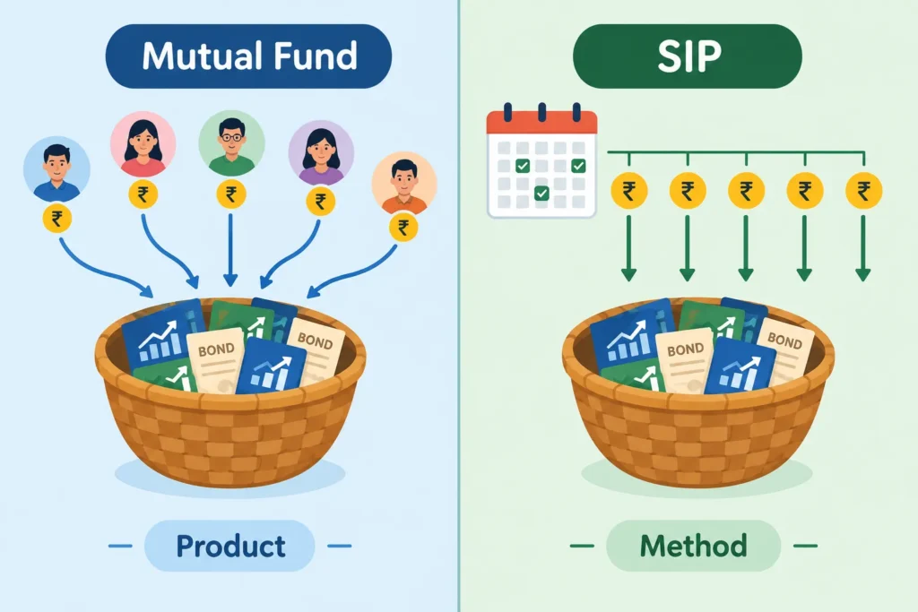 Diagram showing that a mutual fund is the investment product while an SIP is a regular investing method