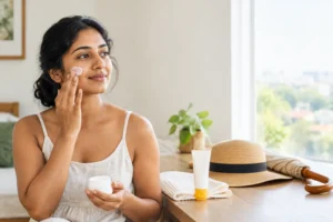 Woman using gentle skincare with sunscreen and sun-protection accessories nearby