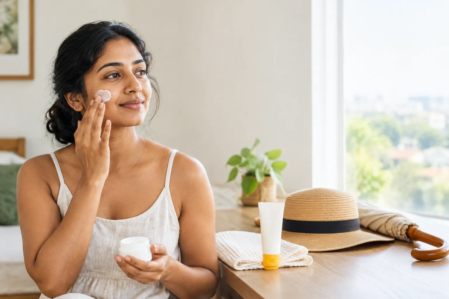 Woman using gentle skincare with sunscreen and sun-protection accessories nearby