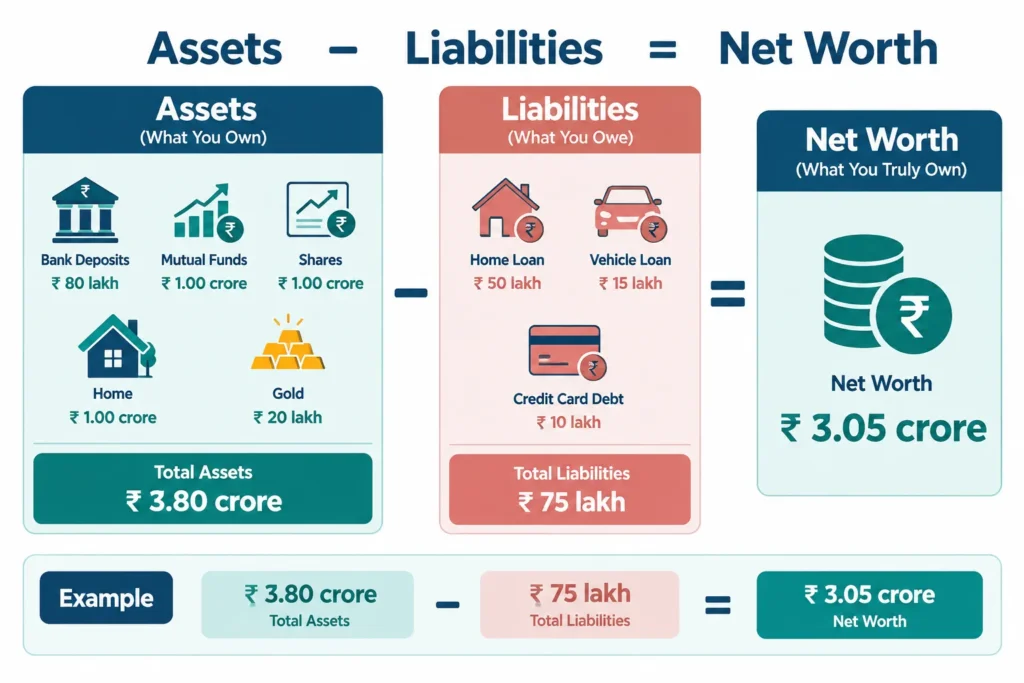 Infographic showing assets of ₹3.80 crore minus liabilities of ₹75 lakh resulting in net worth of ₹3.05 crore.