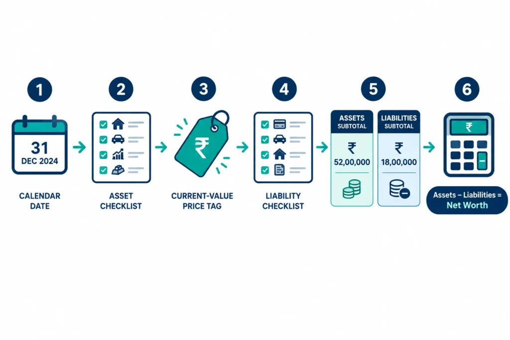 Six-step flowchart for calculating net worth using current asset and liability values