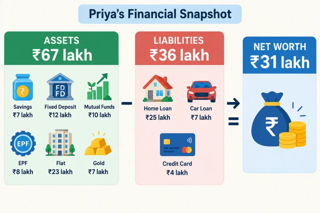 Example calculation showing assets of ₹67 lakh minus liabilities of ₹36 lakh equals ₹31 lakh net worth