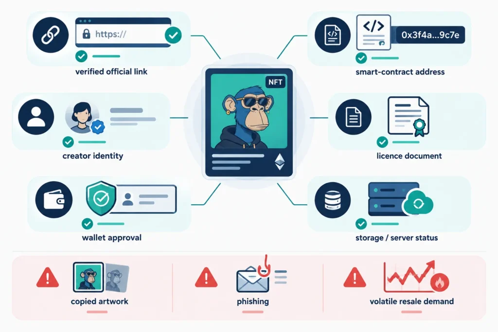 Visual checklist for checking an NFT’s creator, contract, licence, wallet permissions and content storage.