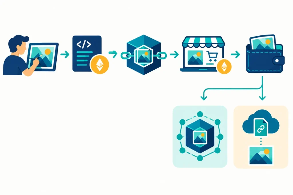 Flowchart of an NFT being minted, listed, purchased, transferred to a wallet and linked to stored media.