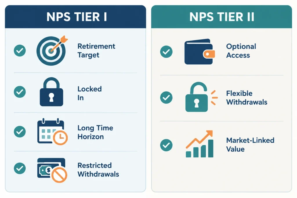 Visual comparison of NPS Tier I retirement restrictions and Tier II withdrawal flexibility