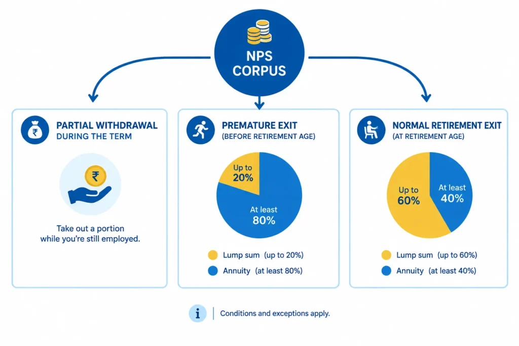 Diagram of NPS partial withdrawal, premature exit, and normal retirement lump-sum and annuity pathways