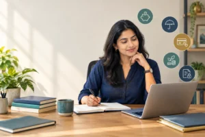 Woman reviewing her budget, savings, insurance and investment records as part of a personal financial plan.