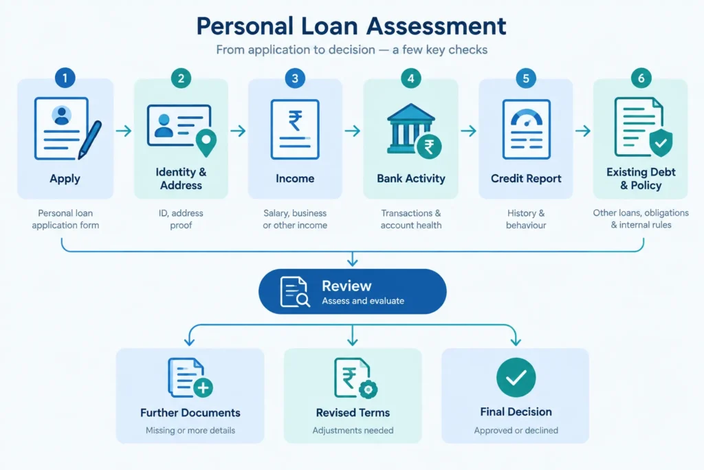 Flowchart showing how lenders assess identity, income, bank activity, credit history, existing debt and policy criteria.