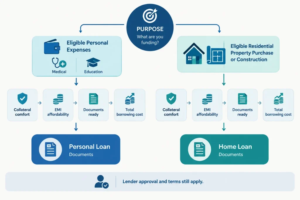 Decision flowchart comparing personal expenses with residential property financing and highlighting affordability, collateral and documentation checks.