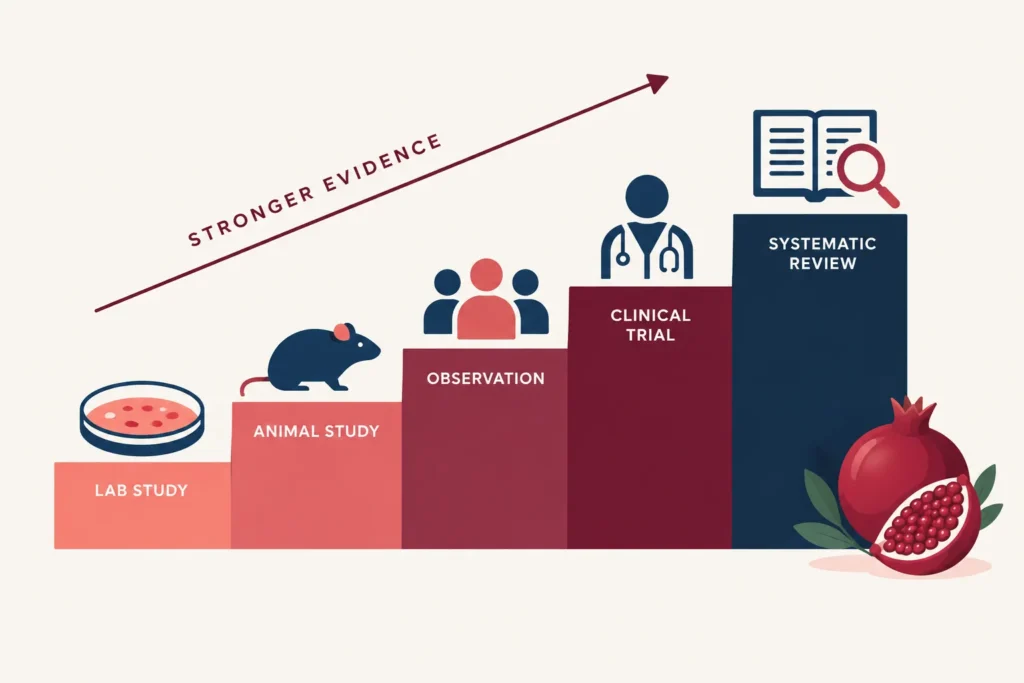 Evidence ladder comparing laboratory studies, animal studies, observational research, clinical trials and systematic reviews.