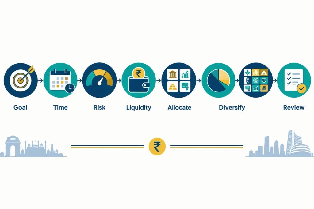 Flowchart showing how goals, time horizon, risk, and liquidity lead to asset selection, allocation, diversification, and review.