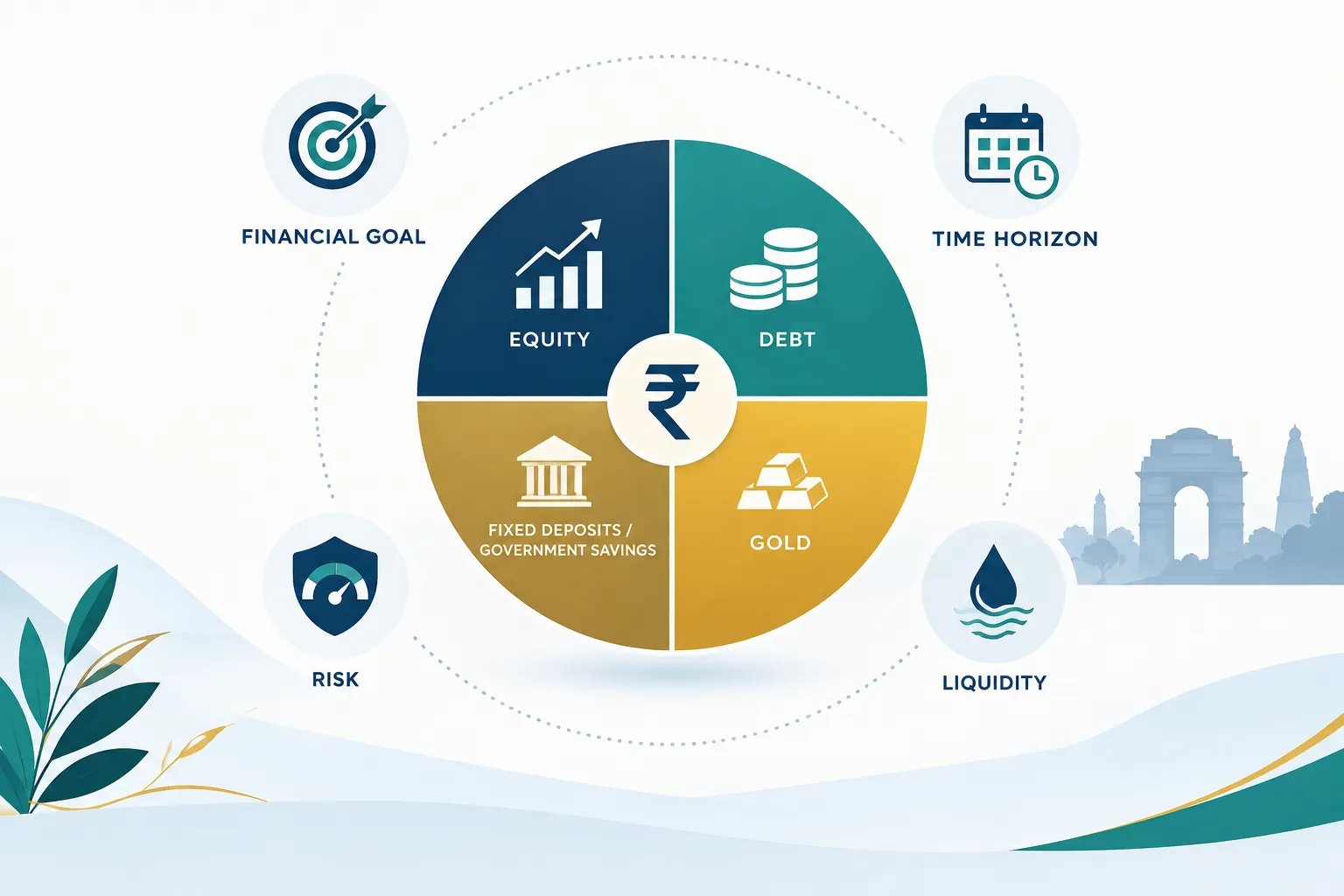 Balanced investment portfolio combining equity, debt, savings instruments, and gold around financial goals, risk, time, and liquidity.